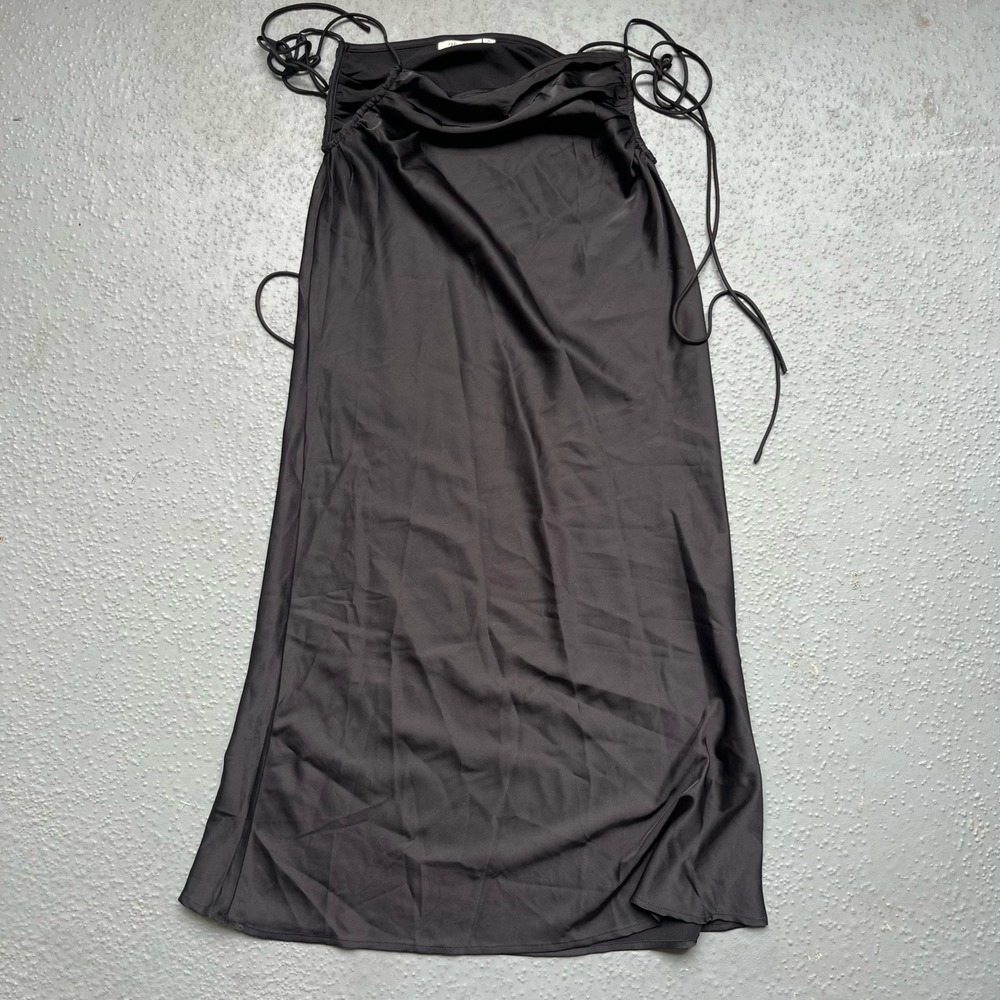 Black Satin Maxi Skirt with Open Sides and Ties Size S‎